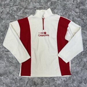 Vintage Sweater I Am Canadian 1/4 Zip Long Sleeve Fleece Size L White Red Canada